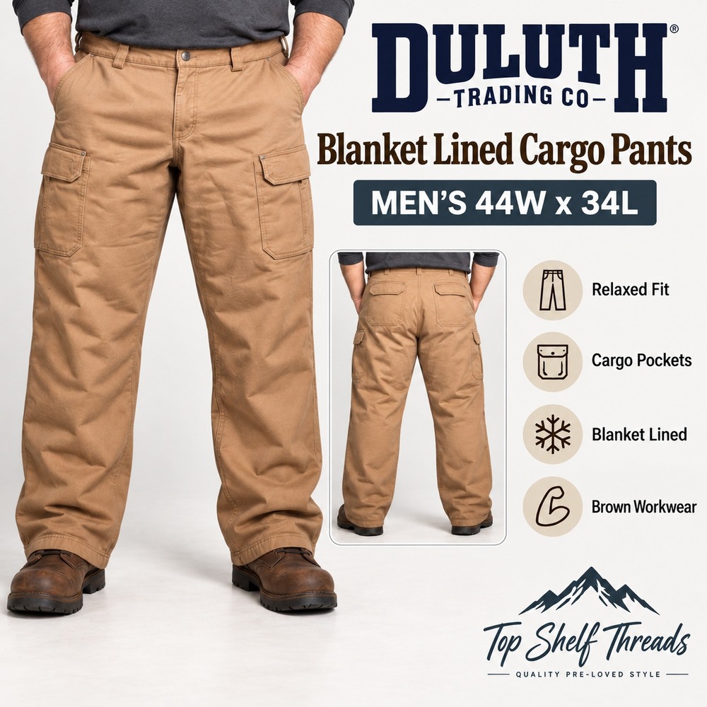 Duluth Trading Co Fire Hose Cargo Pants Men 44x34 Brown Fleece Lined Relaxed Fit